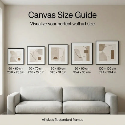Luxury canvas wall art size guide displayed on a modern living room wall showing square rolled canvas sizes from 60x60 cm to 100x100 cm with measurements in centimeters and inches for easy visual comparison.