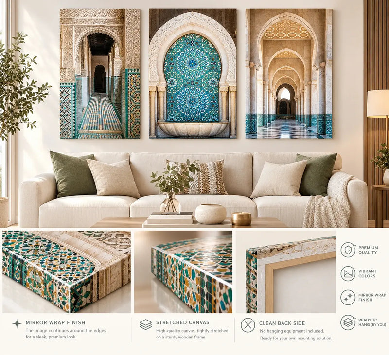 A three-panel canvas wall art set depicting Moroccan-style arches and tiled corridors in teal, gold, and cream, shown hanging above a beige sofa in a styled living room. The lower section includes detail panels showing the mirror wrap finish, stretched canvas texture, and clean back side with feature callouts.