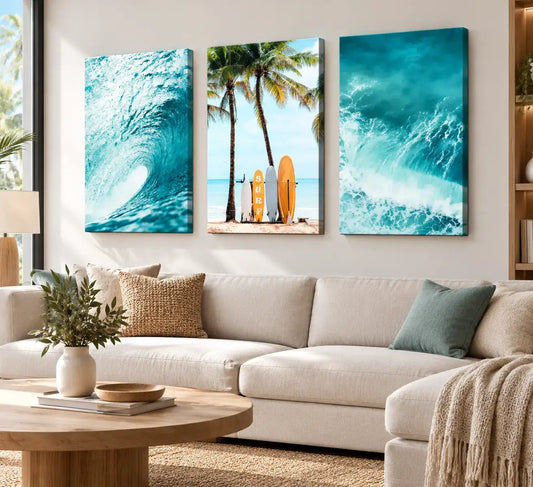 Beach Wall Art Set of 3 | Coastal Surf Canvas Prints