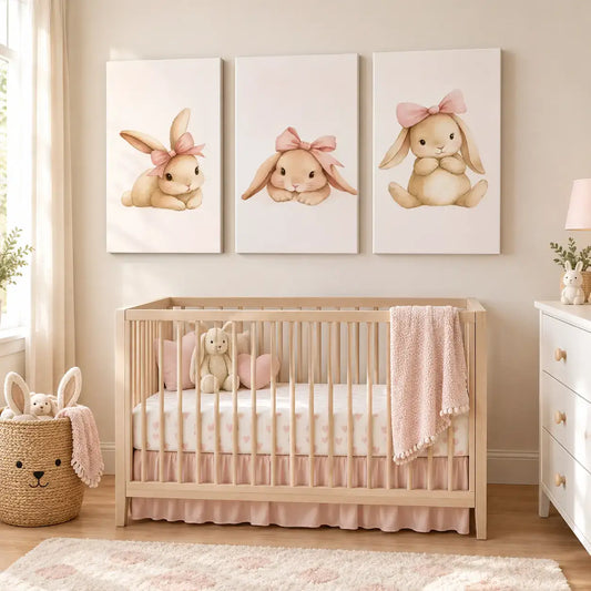 Rabbit Nursery Wall Art Set of 3 | Bunny Canvas Prints