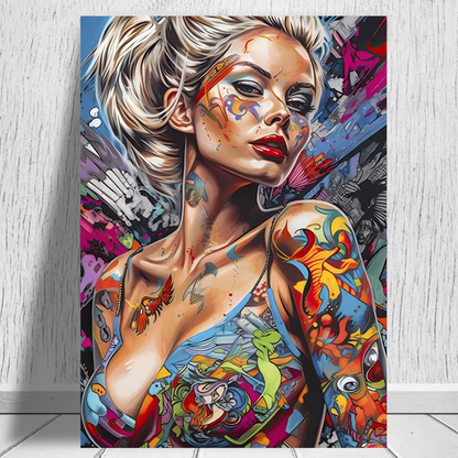 Graffiti Girl Canvas Art: Urban graffiti artwork of a stylized girl, vibrant graffiti art drawings on a framed canvas, modern graffiti wall art.