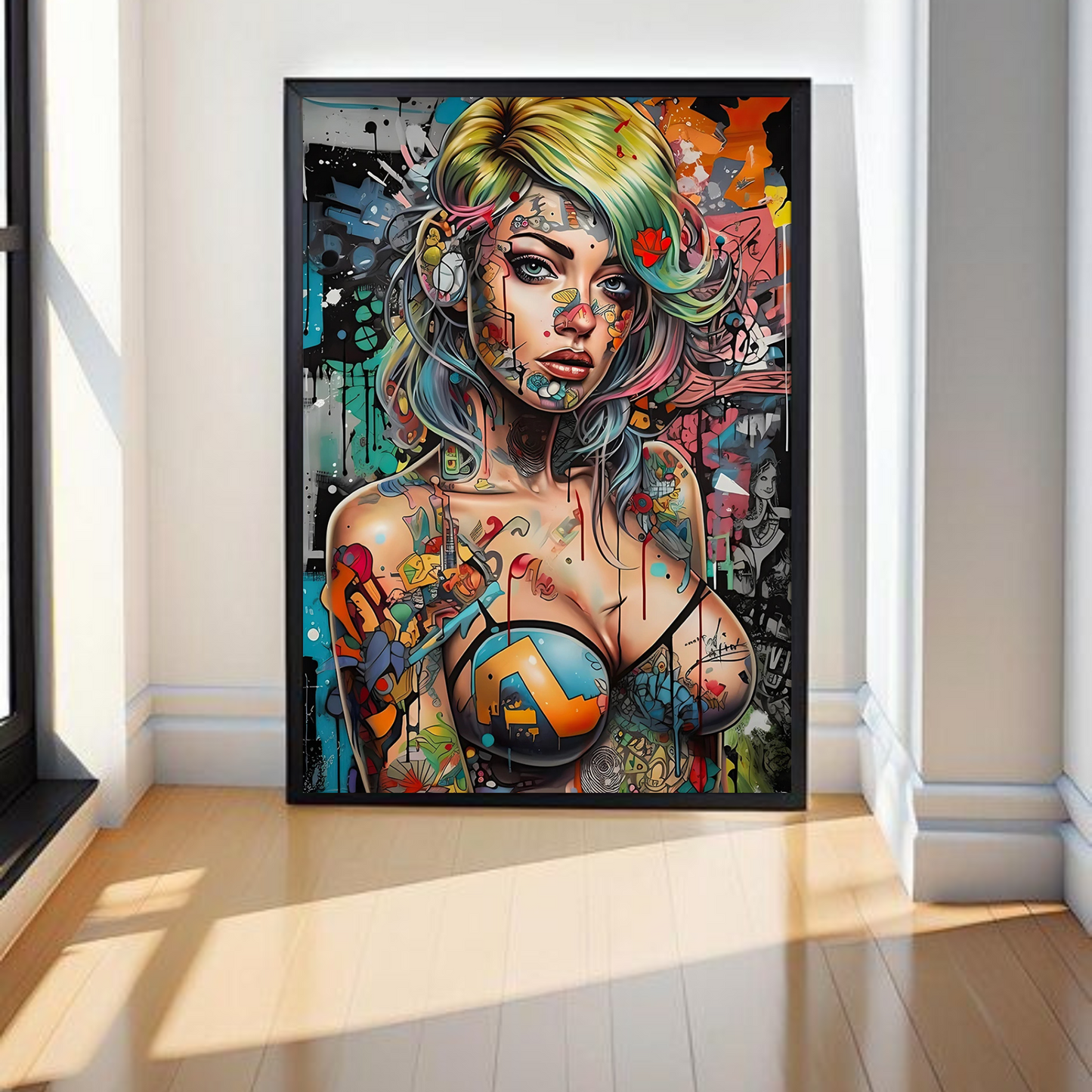 Graffiti Girl Canvas Art: Urban graffiti artwork of a stylized girl, vibrant graffiti art drawings on a framed canvas, modern graffiti wall art.