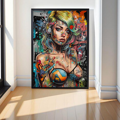 Graffiti Girl Canvas Art: Urban graffiti artwork of a stylized girl, vibrant graffiti art drawings on a framed canvas, modern graffiti wall art.