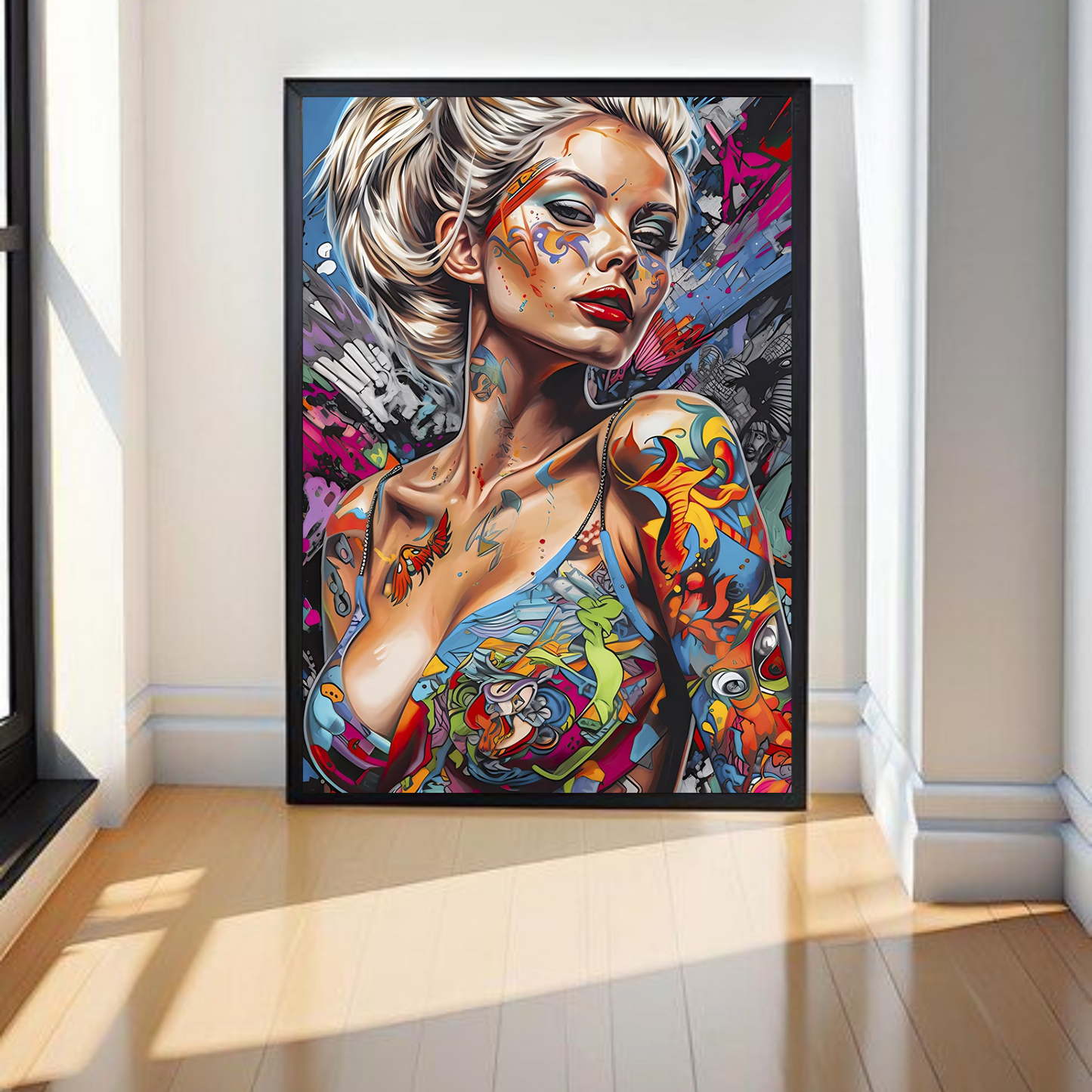 Graffiti Girl Canvas Art: Urban graffiti artwork of a stylized girl, vibrant graffiti art drawings on a framed canvas, modern graffiti wall art.