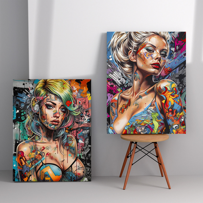 Graffiti Girl Canvas Art: Urban graffiti artwork of a stylized girl, vibrant graffiti art drawings on a framed canvas, modern graffiti wall art.