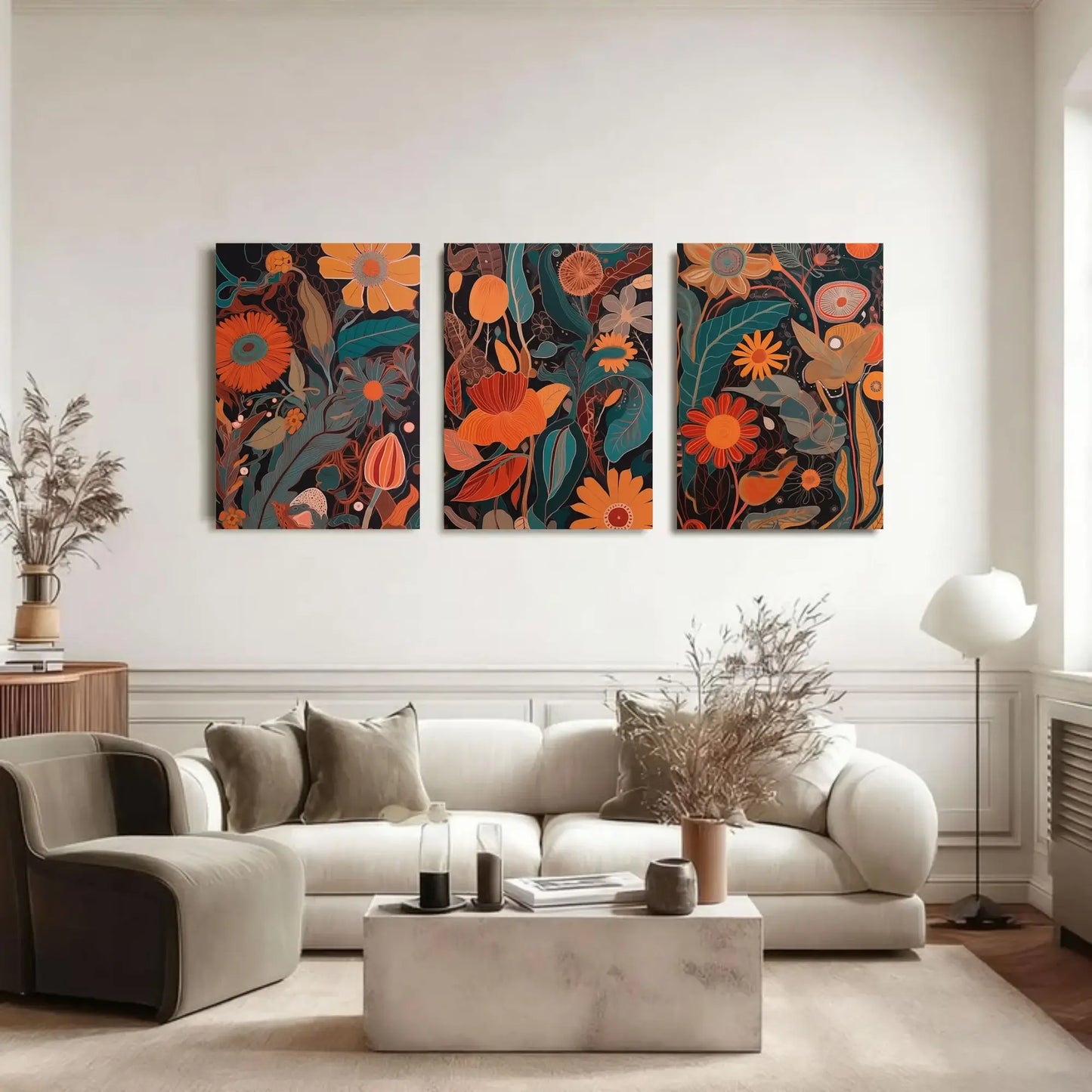 Set of 3 abstract botanical wall art prints featuring modern floral designs in orange and green tones on dark background, contemporary rolled canvas wall decor.