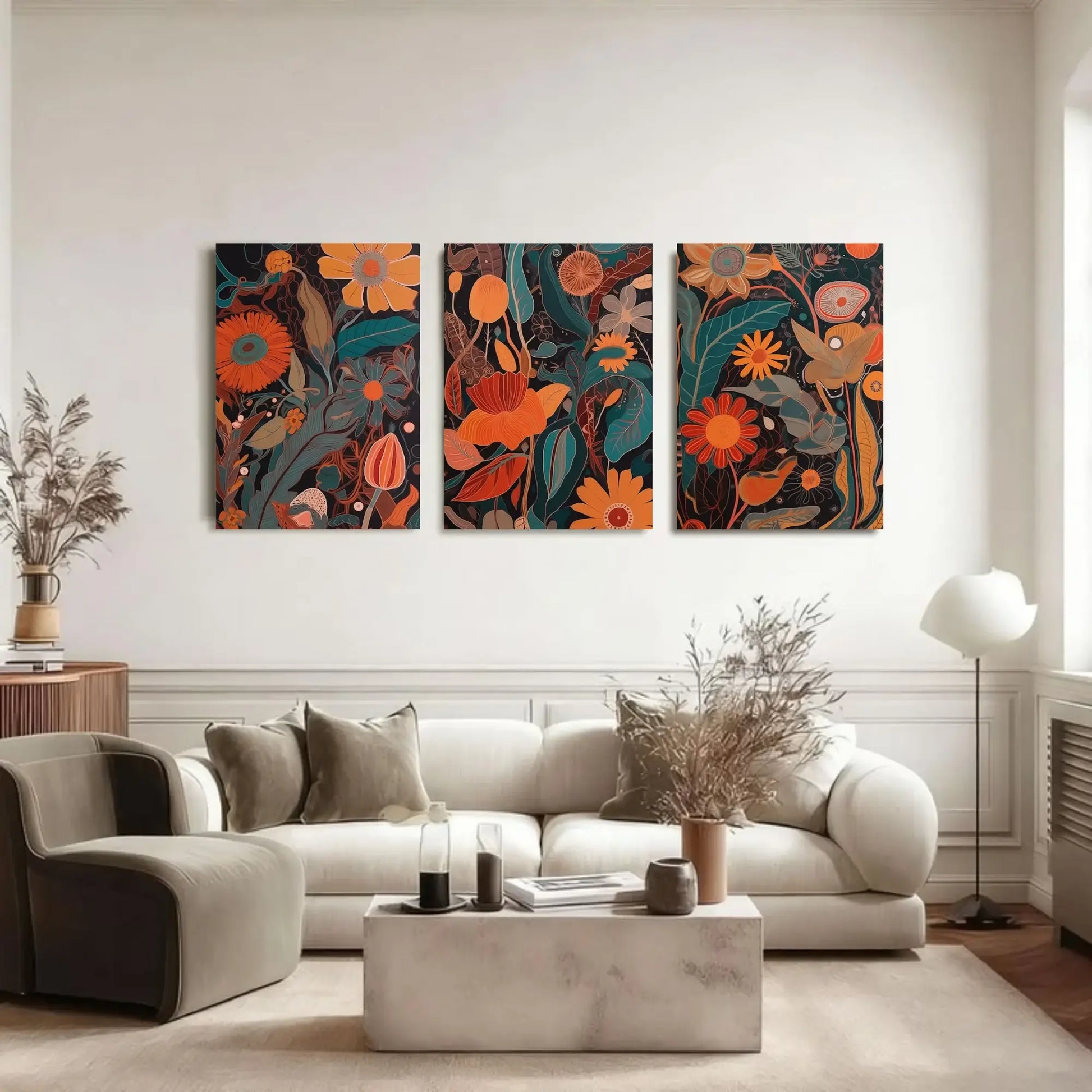 Set of 3 abstract botanical wall art prints featuring modern floral designs in orange and green tones on dark background, contemporary rolled canvas wall decor.