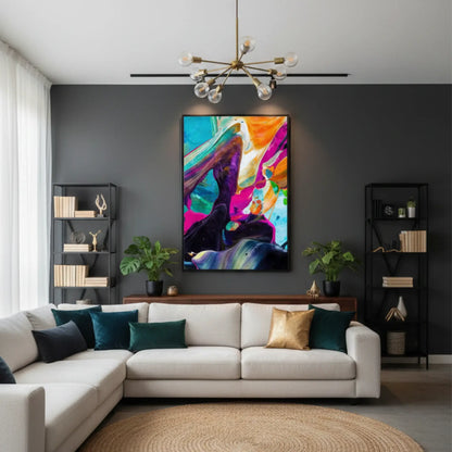 Colorful abstract rolled canvas wall art with vibrant modern paint textures and fluid art design