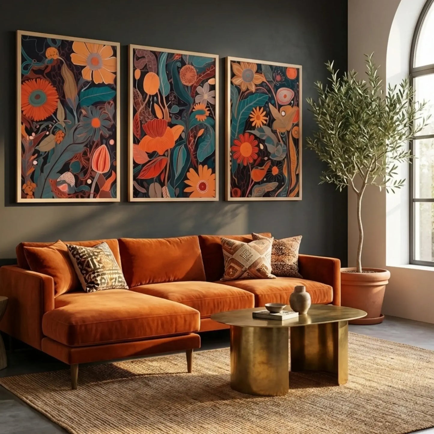 Set of 3 abstract botanical wall art prints featuring modern floral designs in orange and green tones on dark background, contemporary rolled canvas wall decor.