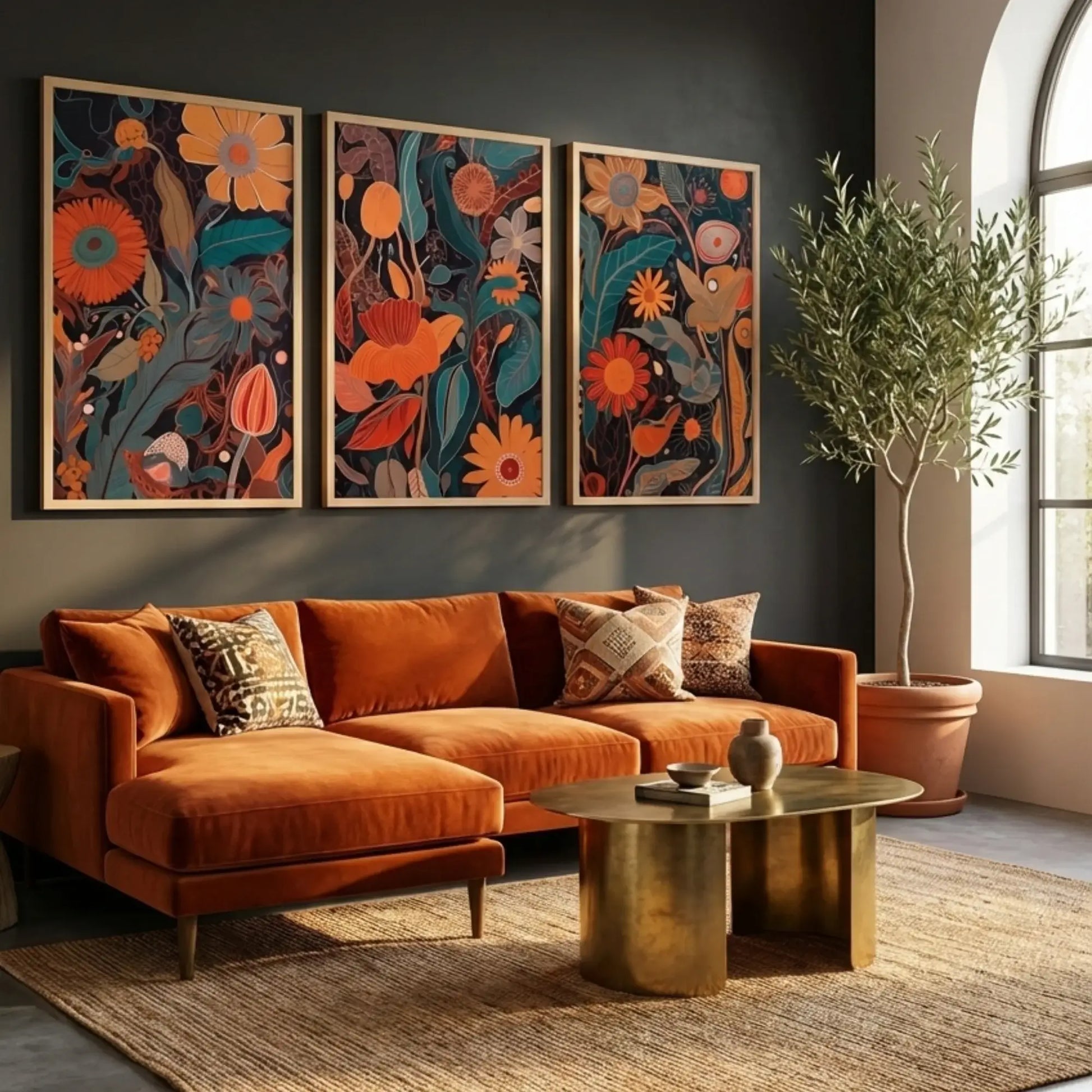 Set of 3 abstract botanical wall art prints featuring modern floral designs in orange and green tones on dark background, contemporary rolled canvas wall decor.