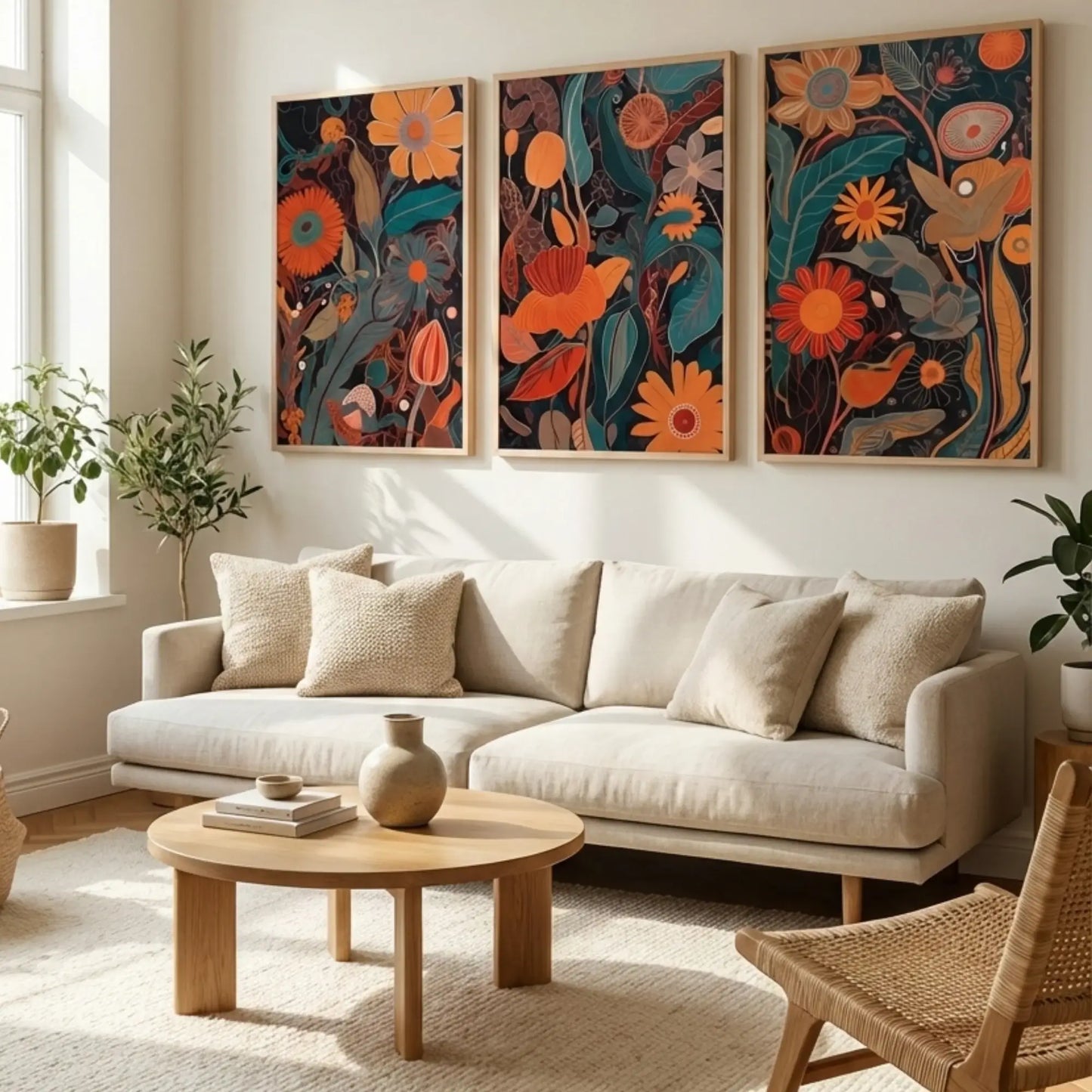 Set of 3 abstract botanical wall art prints featuring modern floral designs in orange and green tones on dark background, contemporary rolled canvas wall decor.