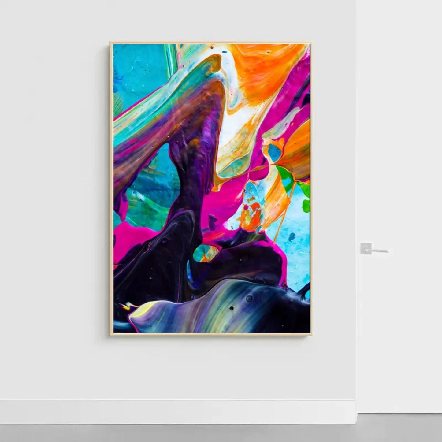 Colorful abstract rolled canvas wall art with vibrant modern paint textures and fluid art design