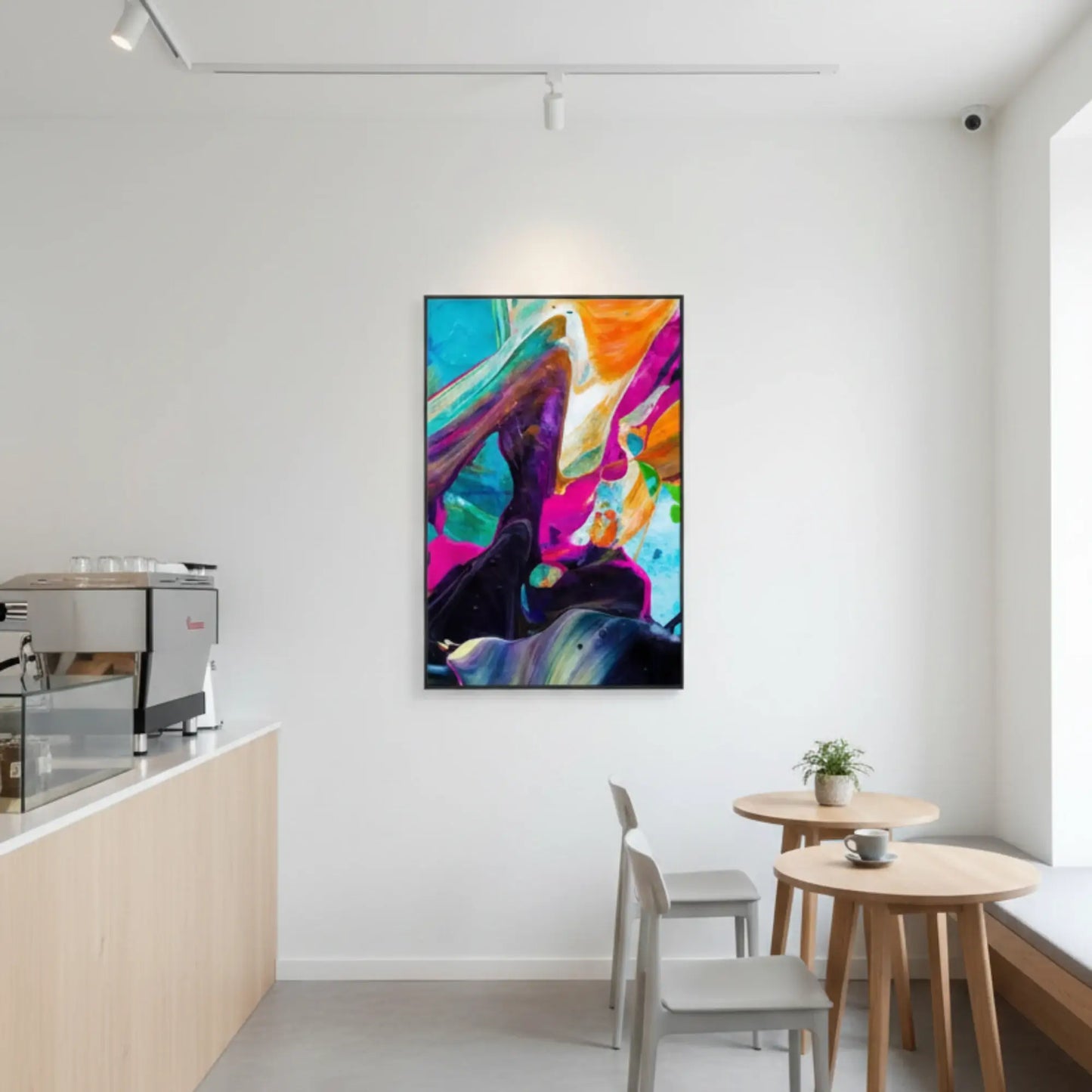 Colorful abstract rolled canvas wall art with vibrant modern paint textures and fluid art design
