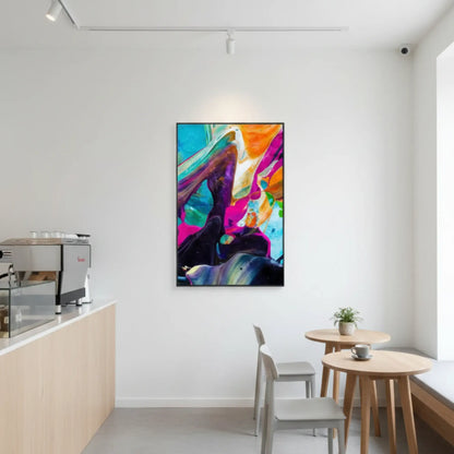Colorful abstract rolled canvas wall art with vibrant modern paint textures and fluid art design