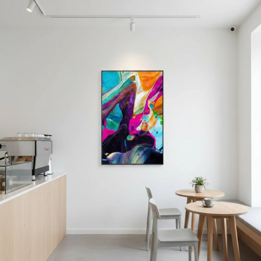 Colorful abstract rolled canvas wall art with vibrant modern paint textures and fluid art design