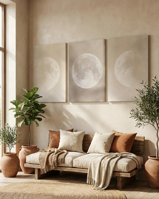 Moon phase wall art set of 3 canvas prints – minimalist black and white celestial lunar cycle decor for bedroom