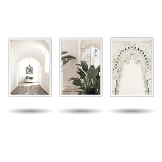 Traditional Moroccan canvas print triptych displayed in living room – warm terracotta boho wall art