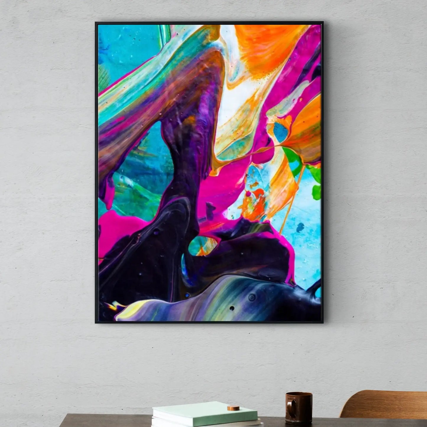 Colorful abstract rolled canvas wall art with vibrant modern paint textures and fluid art design