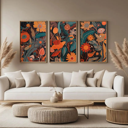 Set of 3 abstract botanical wall art prints featuring modern floral designs in orange and green tones on dark background, contemporary rolled canvas wall decor.
