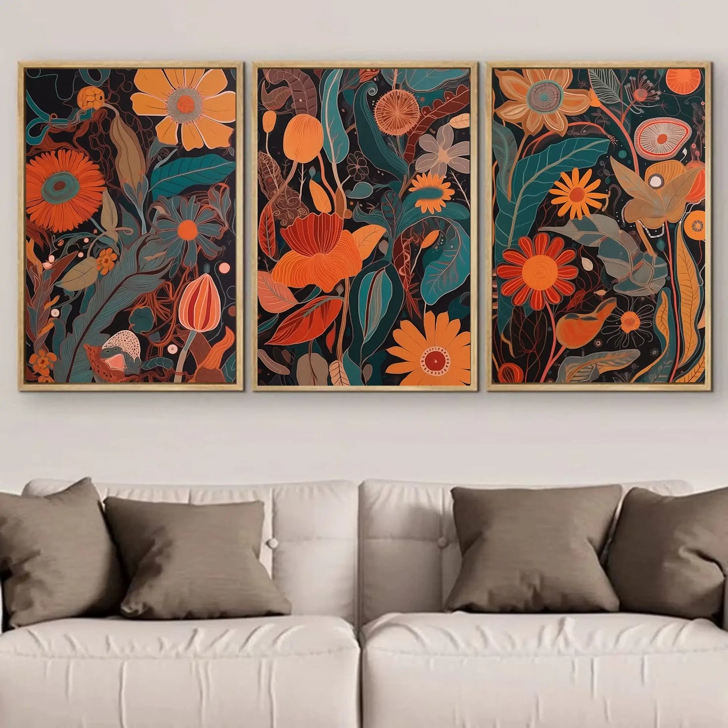 Set of 3 abstract botanical wall art prints featuring modern floral designs in orange and green tones on dark background, contemporary rolled canvas wall decor.