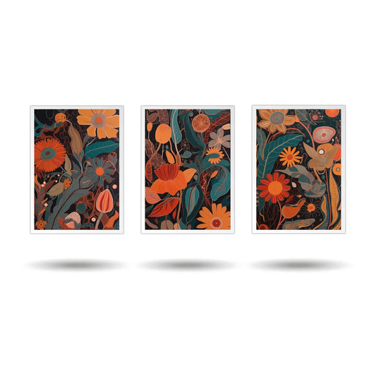 Set of 3 abstract botanical wall art prints featuring modern floral designs in orange and green tones on dark background, contemporary rolled canvas wall decor.
