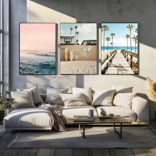 Set of 3 tropical beach canvas wall art prints featuring ocean waves, surfboards, and palm trees – summer sea view posters for coastal home decor
