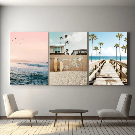 Set of 3 tropical beach canvas wall art prints featuring ocean waves, surfboards, and palm trees – summer sea view posters for coastal home decor