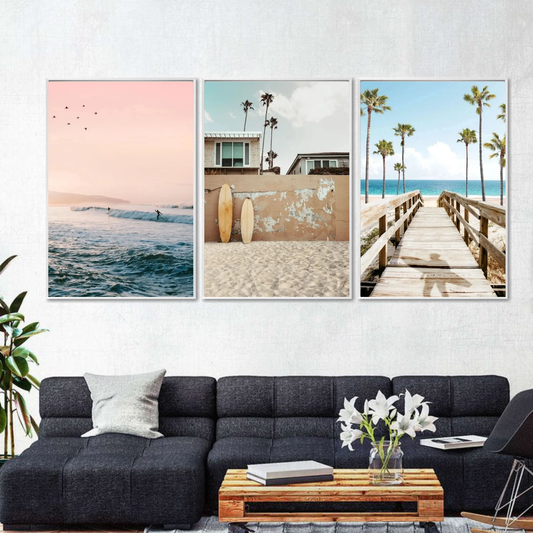 Set of 3 tropical beach canvas wall art prints featuring ocean waves, surfboards, and palm trees – summer sea view posters for coastal home decor