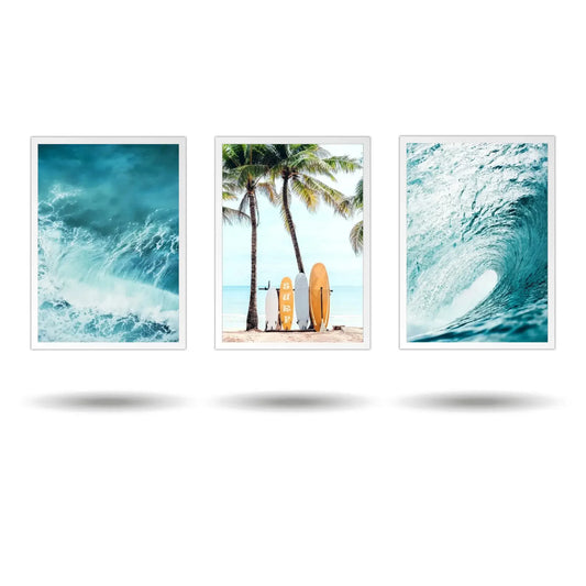 Set of 3 Summer Beach Surf Canvas Wall Art with Palm Trees, Sea Waves, and Surfboards – Tropical Sea View Posters for Home Decor