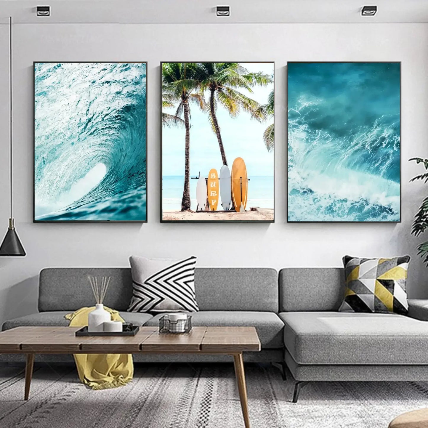 Set of 3 Summer Beach Surf Canvas Wall Art with Palm Trees, Sea Waves, and Surfboards – Tropical Sea View Posters for Home Decor