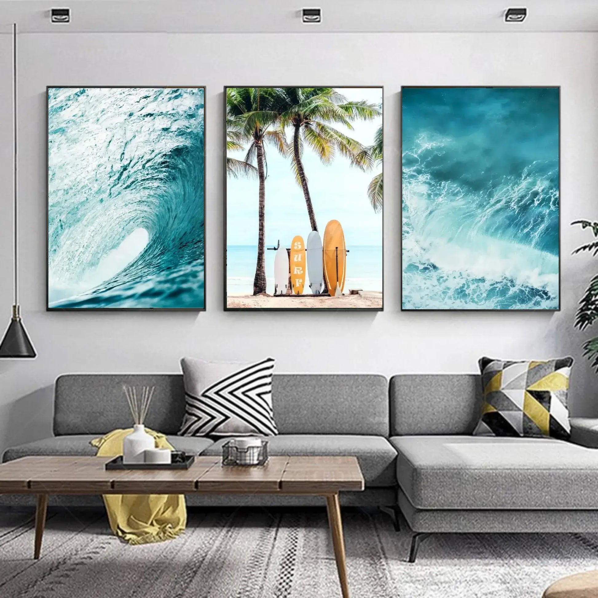 Set of 3 Summer Beach Surf Canvas Wall Art with Palm Trees, Sea Waves, and Surfboards – Tropical Sea View Posters for Home Decor