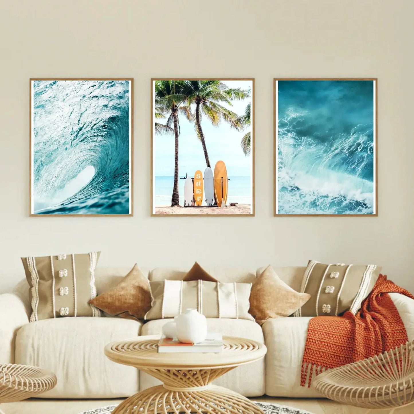 Set of 3 Summer Beach Surf Canvas Wall Art with Palm Trees, Sea Waves, and Surfboards – Tropical Sea View Posters for Home Decor