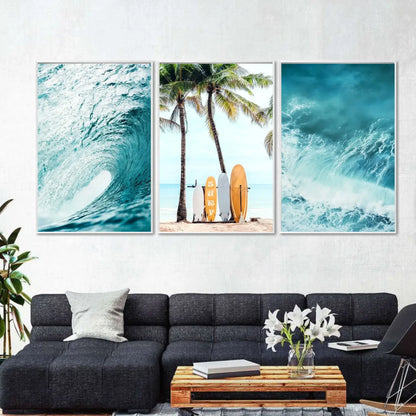 Set of 3 Summer Beach Surf Canvas Wall Art with Palm Trees, Sea Waves, and Surfboards – Tropical Sea View Posters for Home Decor
