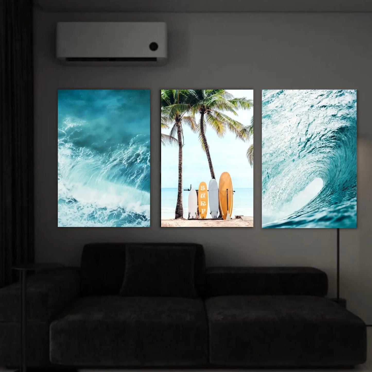 Set of 3 Summer Beach Surf Canvas Wall Art with Palm Trees, Sea Waves, and Surfboards – Tropical Sea View Posters for Home Decor