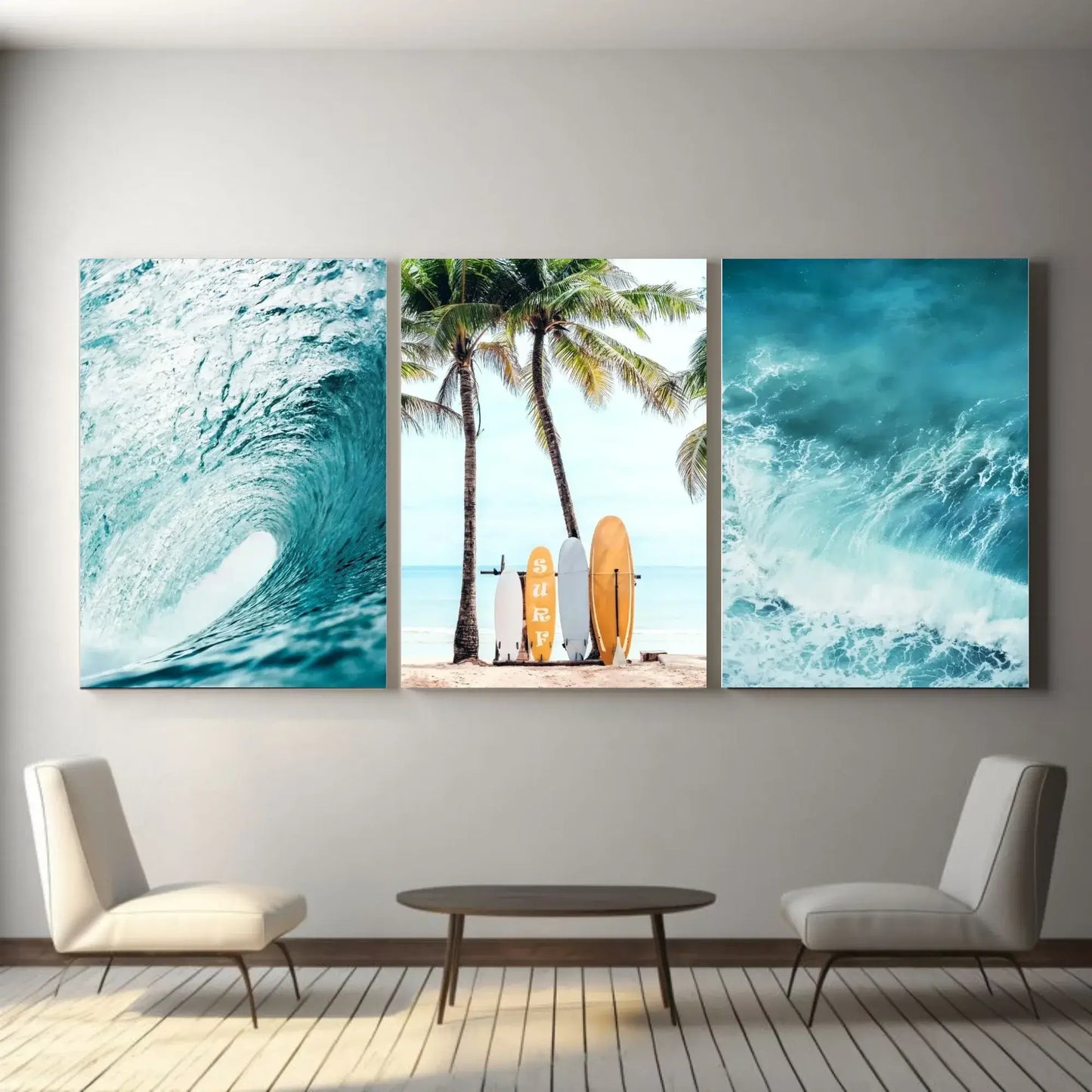 Set of 3 Summer Beach Surf Canvas Wall Art with Palm Trees, Sea Waves, and Surfboards – Tropical Sea View Posters for Home Decor