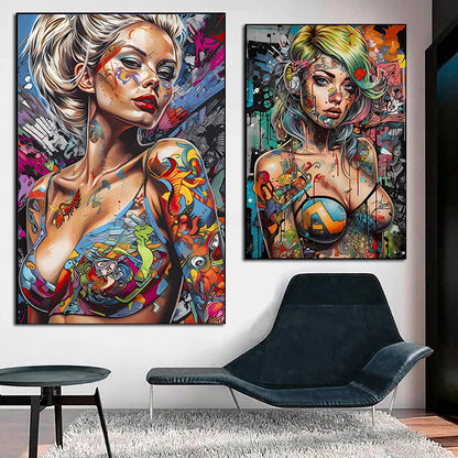 Graffiti Girl Canvas Art: Urban graffiti artwork of a stylized girl, vibrant graffiti art drawings on a framed canvas, modern graffiti wall art.