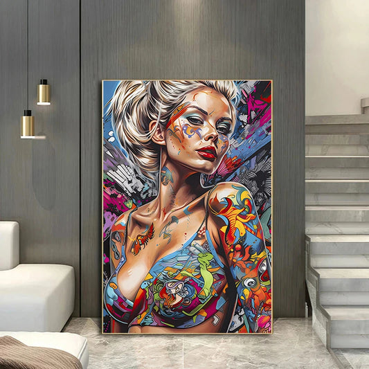 Graffiti Girl Canvas Art: Urban graffiti artwork of a stylized girl, vibrant graffiti art drawings on a framed canvas, modern graffiti wall art.