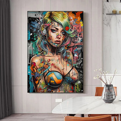 Graffiti Girl Canvas Art: Urban graffiti artwork of a stylized girl, vibrant graffiti art drawings on a framed canvas, modern graffiti wall art.