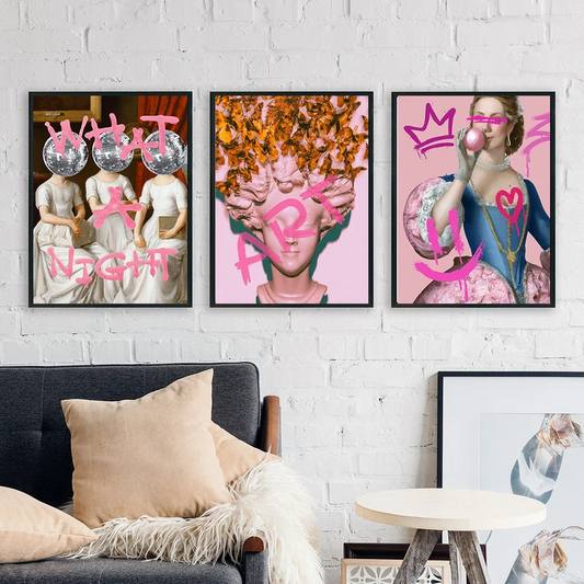 Set of three unframed graffiti wall art canvas prints featuring classical figures with modern street art elements in pink tones, perfect for living room decor.