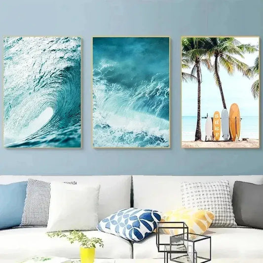 Set of 3 Summer Beach Surf Canvas Wall Art with Palm Trees, Sea Waves, and Surfboards – Tropical Sea View Posters for Home Decor