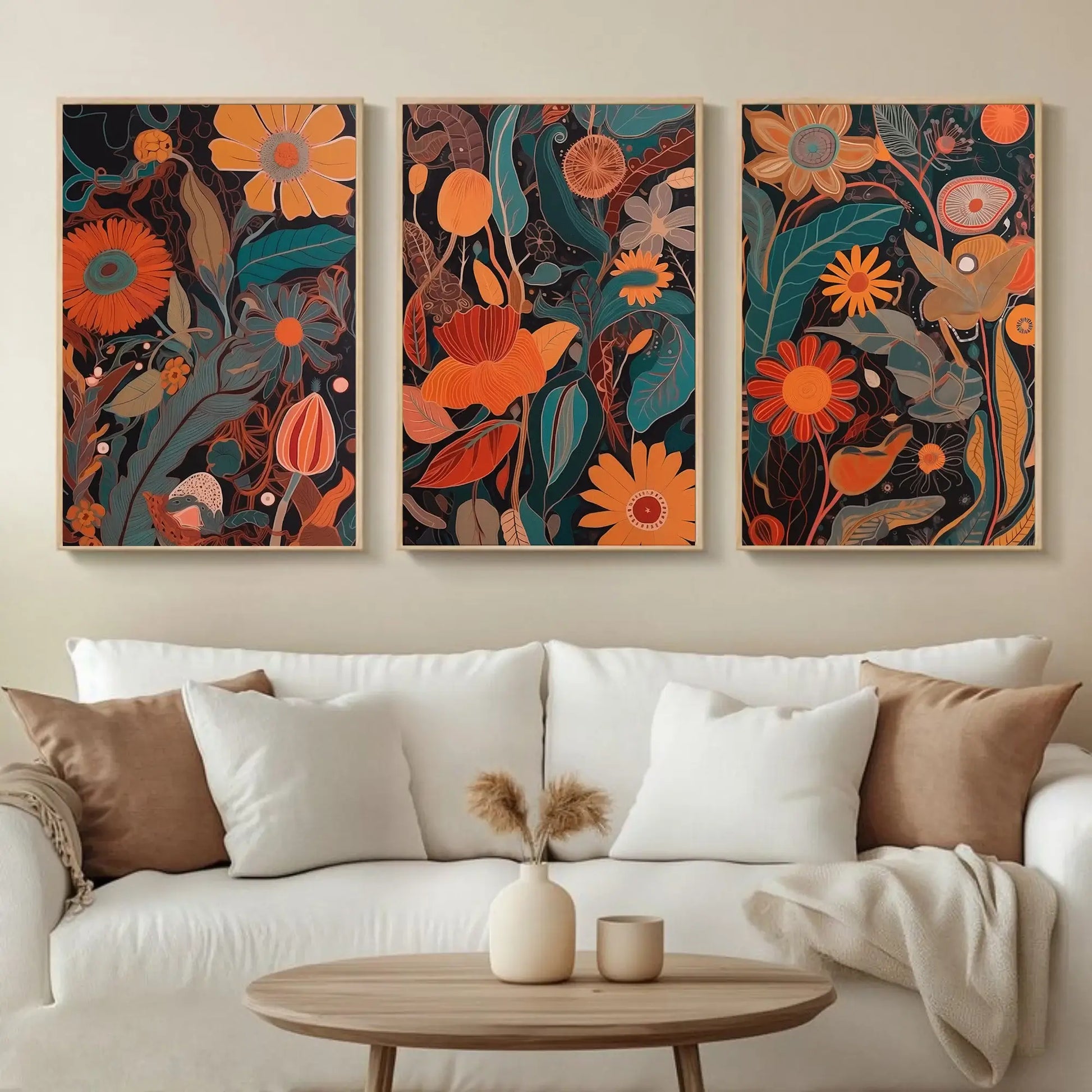 Set of 3 abstract botanical wall art prints featuring modern floral designs in orange and green tones on dark background, contemporary rolled canvas wall decor.