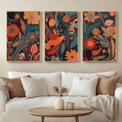 Set of 3 abstract botanical wall art prints featuring modern floral designs in orange and green tones on dark background, contemporary rolled canvas wall decor.