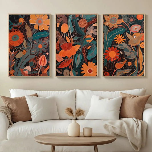 Set of 3 abstract botanical wall art prints featuring modern floral designs in orange and green tones on dark background, contemporary rolled canvas wall decor.
