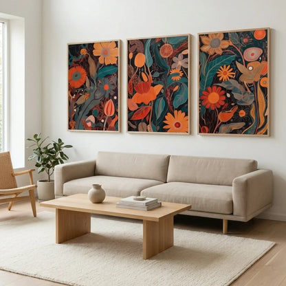 Set of 3 abstract botanical wall art prints featuring modern floral designs in orange and green tones on dark background, contemporary rolled canvas wall decor.