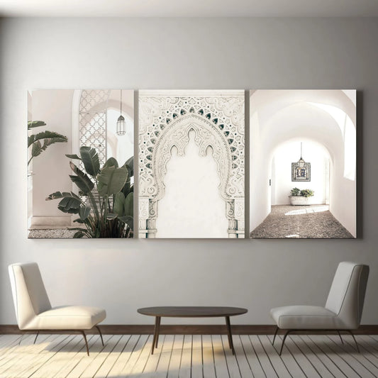 Set of 3 unframed Moroccan wall art prints on cotton canvas featuring traditional Moroccan artwork, printed with high-quality ink and rolled in a PVC cube for safe shipping.